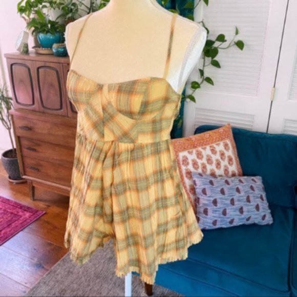 Urban Outfitters | Lorelei Crinkle Cotton Romper Plaid Yellow Orange Green Small - Picture 5 of 16